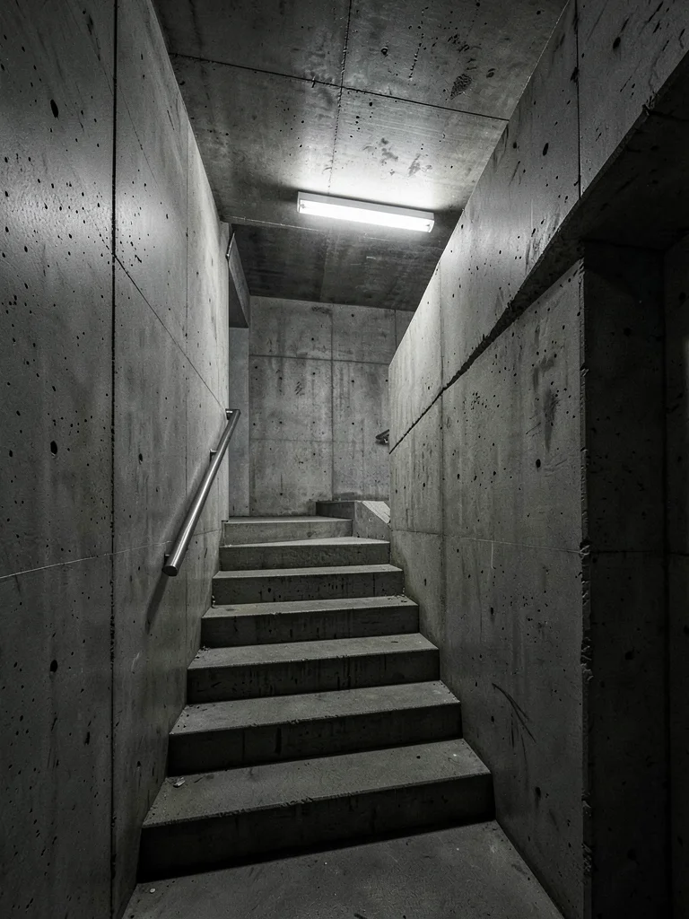 A concrete staircase with board-form texture — stairs descending in deep shadow