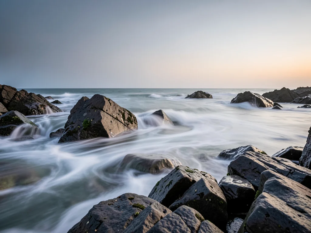 A 2-minute exposure of waves on rocks, the water turned to silk, the rocks sharp
