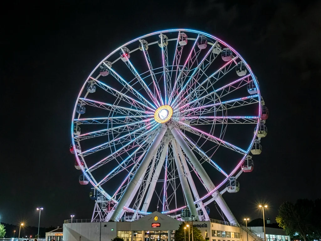 Ferris wheel at night, five-minute exposure creating complete circle of light