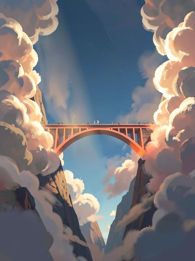 Sky-bridge between cloud peaks with a parting beam over the span, warm coral arc