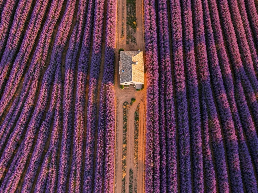 Lavender fields in Provence, parallel purple rows with a stone farmhouse at one 