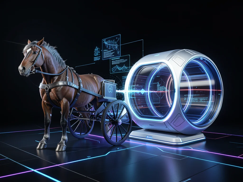 Transportation — left half horse and carriage, right half hyperloop pod
