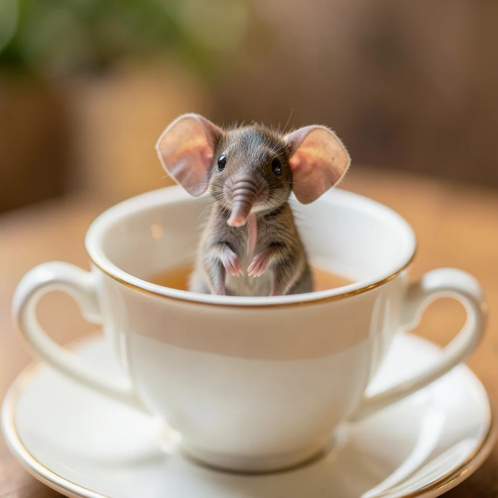 Tiny elephant the size of a mouse sitting in teacup, macro photography style