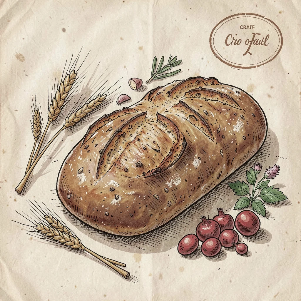 Artisan food packaging illustration, Fresh sourdough bread loaf scored on top , 