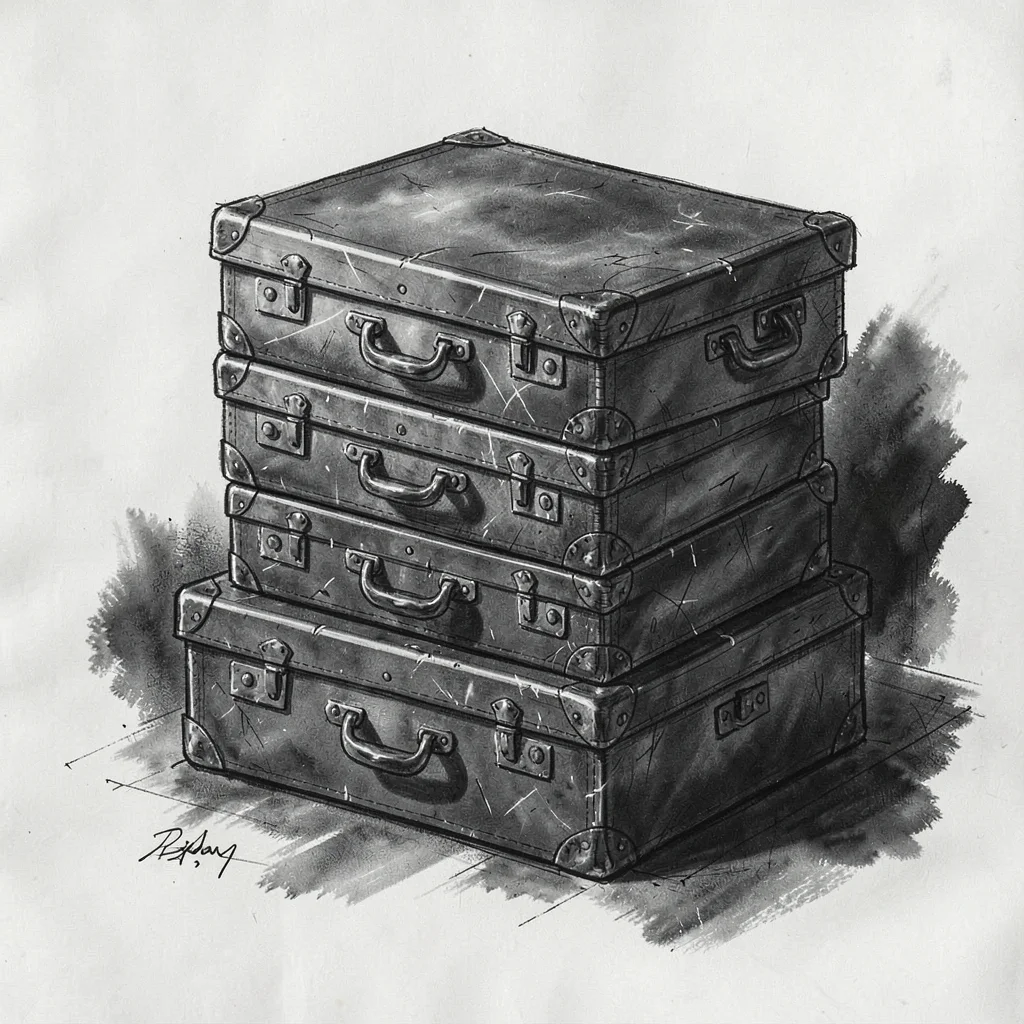 Charcoal study of stacked vintage leather suitcases, smudged corners, gestural c