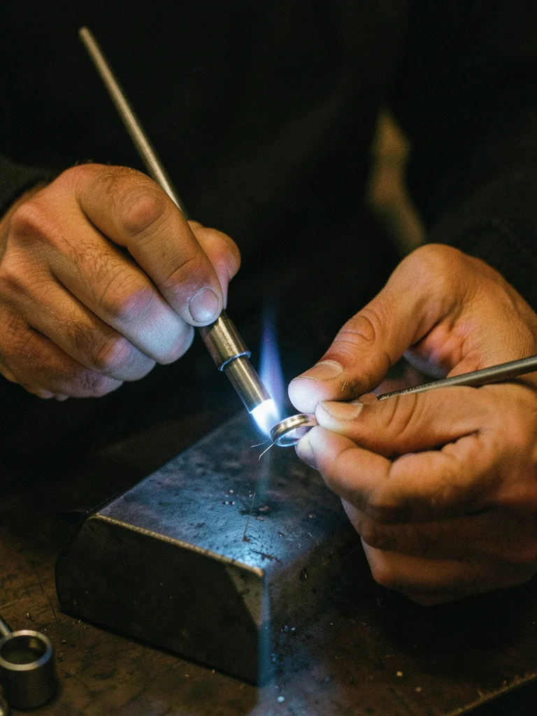 Jeweler's hands using a torch to solder a silver ring, blue flame on metal