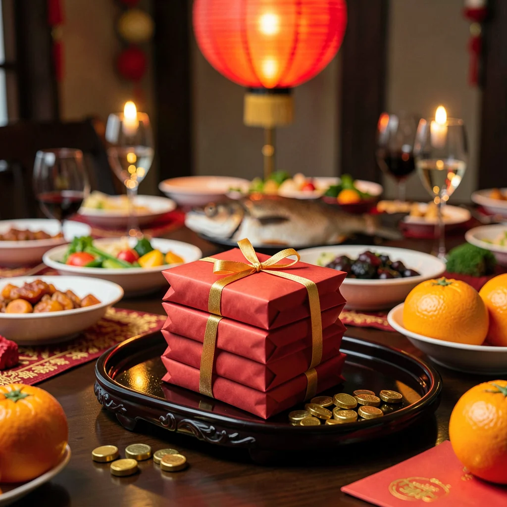 Stack of Red Envelopes Tied with Gold Ribbon