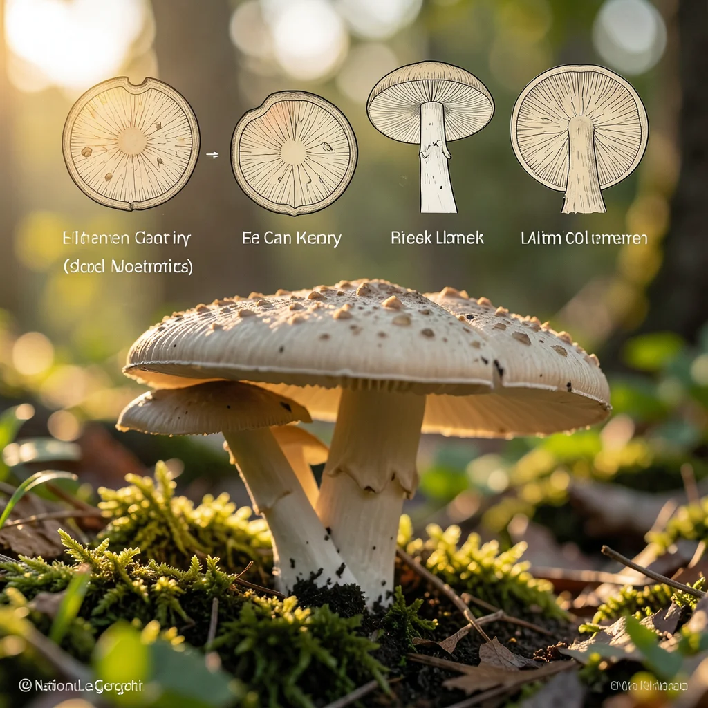 Mushroom cluster photo with scientific illustration overlay — cross-sections and