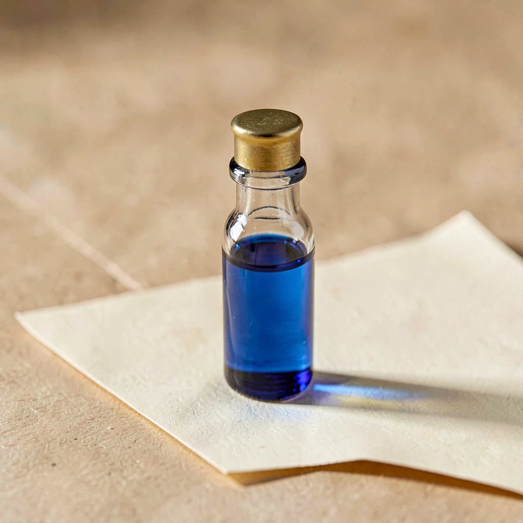 slim vial of small-batch perfume oil in cobalt-tinted glass with a tiny brass sc