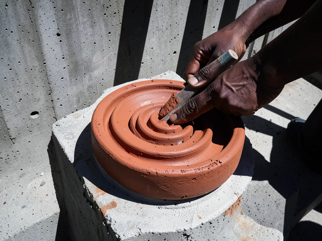 Hands wedging terracotta clay on a plaster bat, spiral pattern emerging