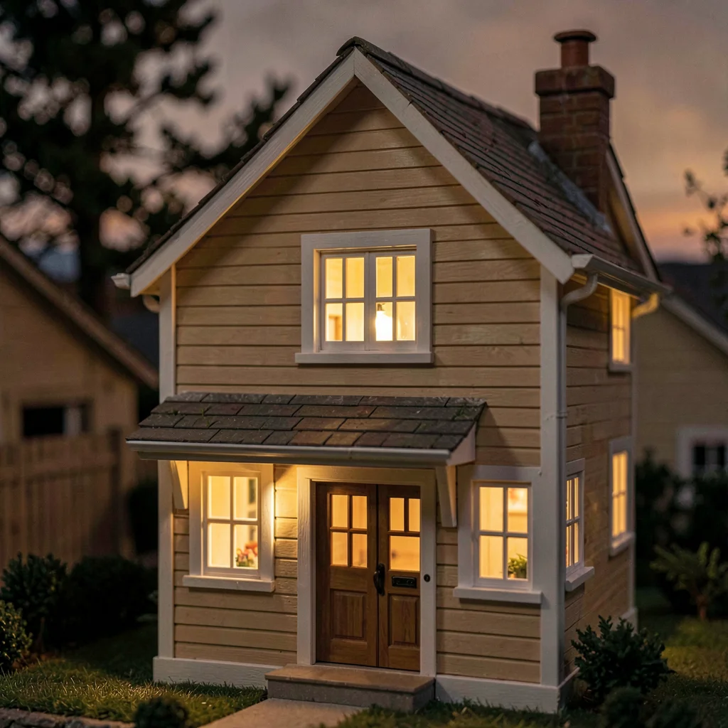 Vertical of a dollhouse facade with a tiny lit window on the upper floor, warm d