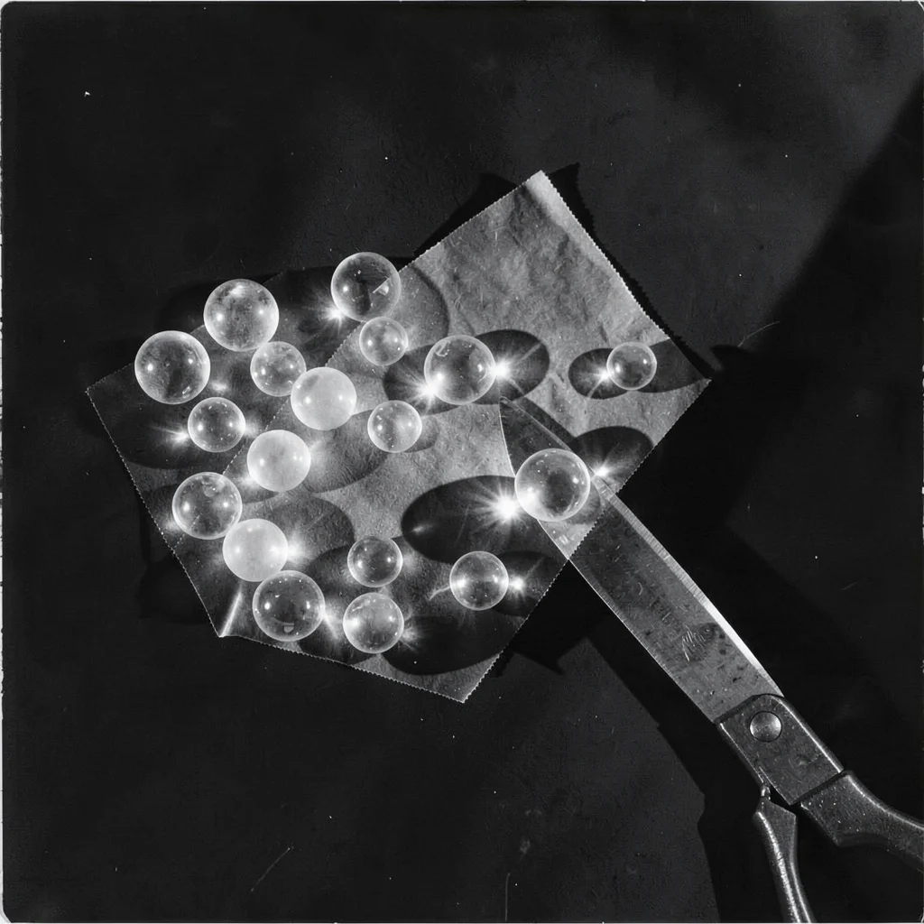 Translucent glass beads and a scissor blade — overlapping transparency depths