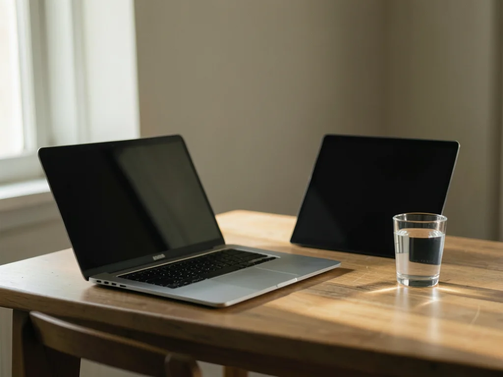 A minimalist desk: nothing but a laptop and a glass of water, the negative space