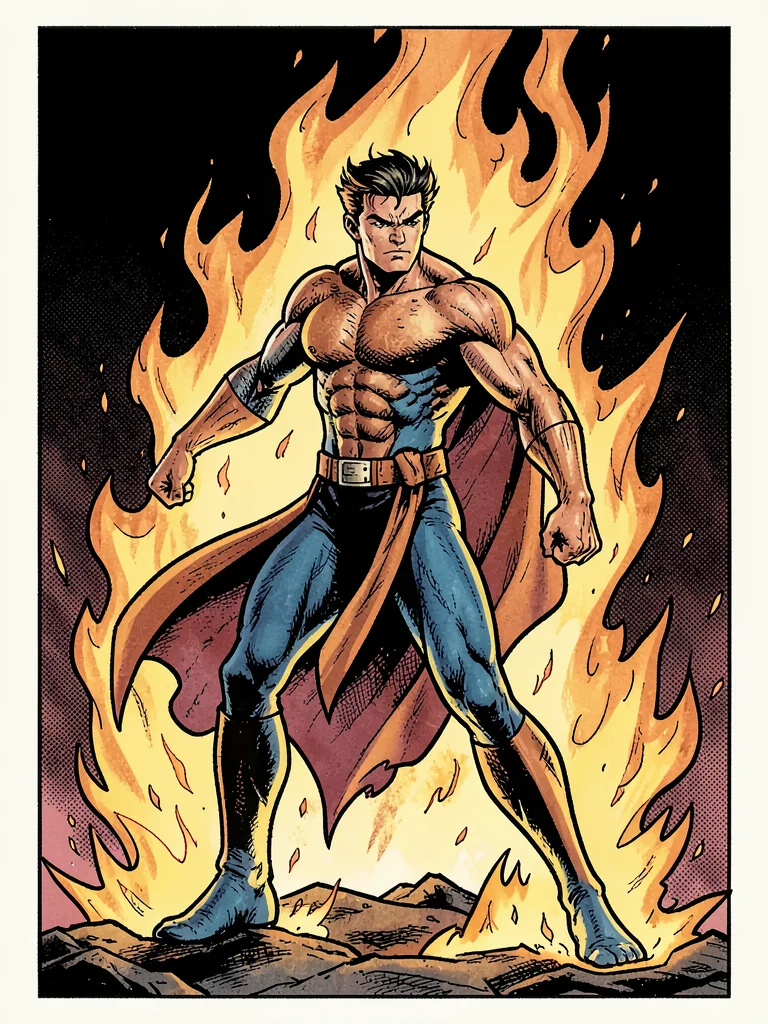 Hero emerging from flames