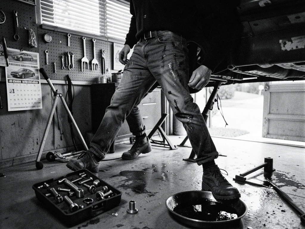 A home mechanic under a car on jack stands in a residential garage, only their l