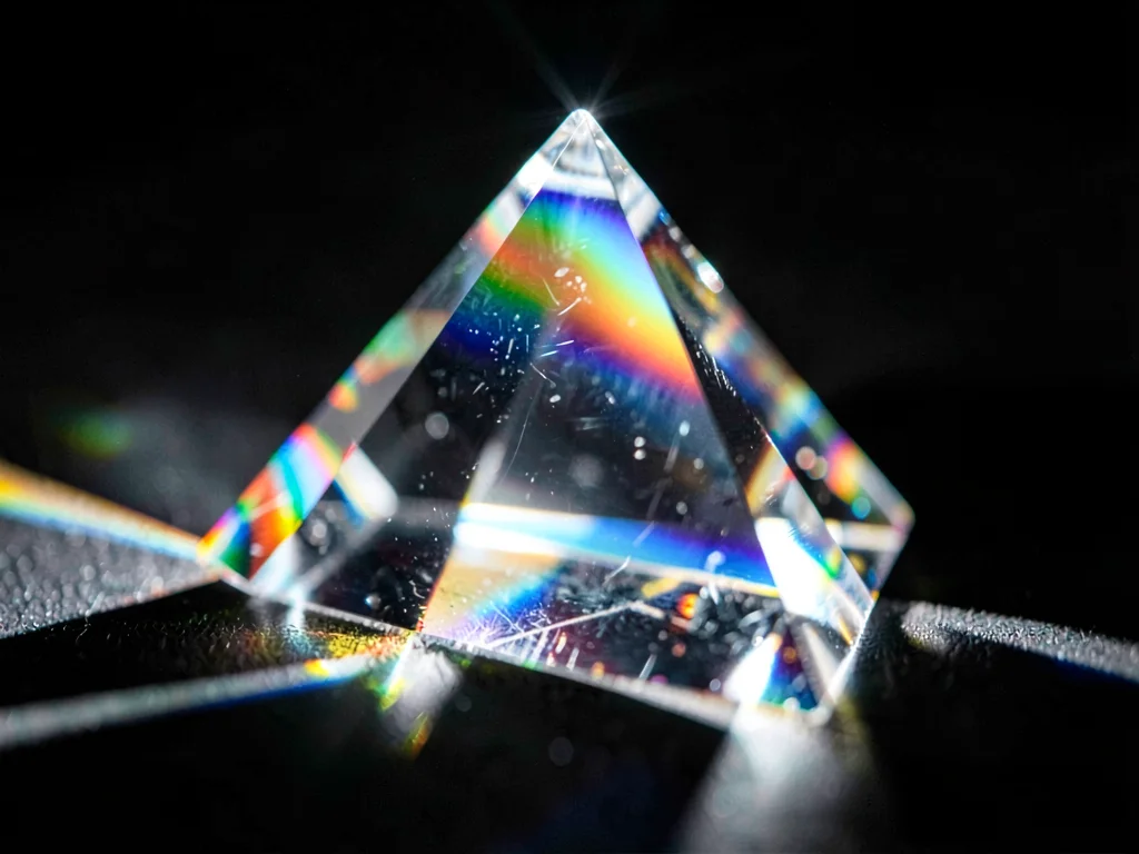 Crystal pyramid refracting light into triangular spectrum