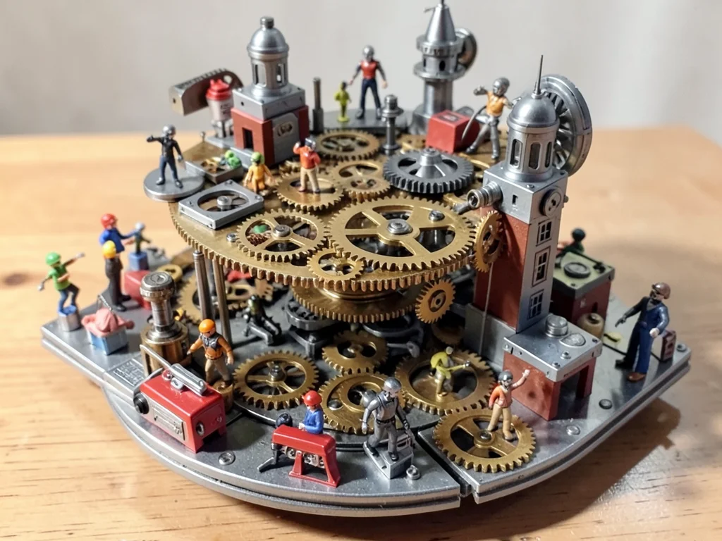 Wind-up toy city, fully mechanical, gears visible, tiny mechanical citizens