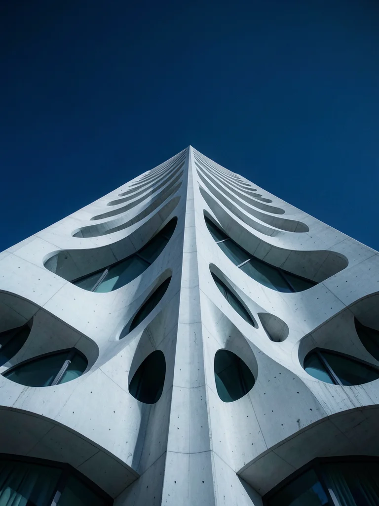 Parametric architecture facade with flowing organic curves, white concrete again