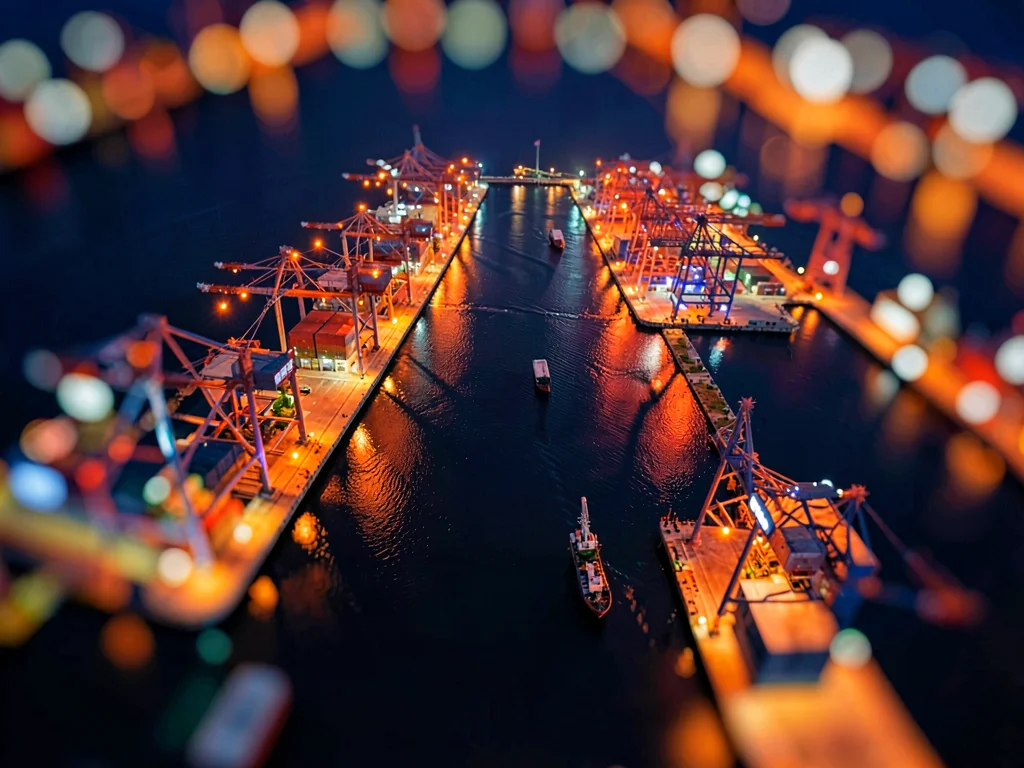 Looking down from a control tower, tilt-shift photograph of a container port nig