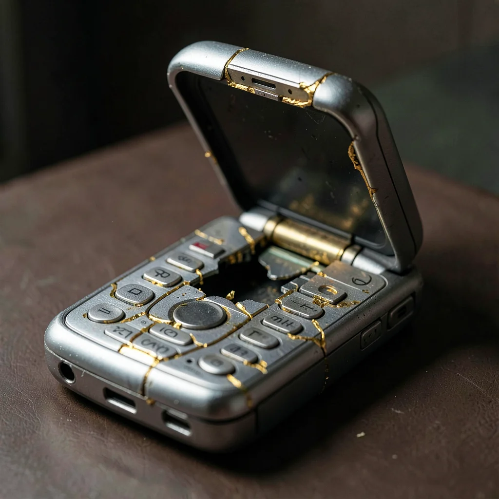 Old flip phone opened at impossible angle, hinge repaired with golden metal, nos