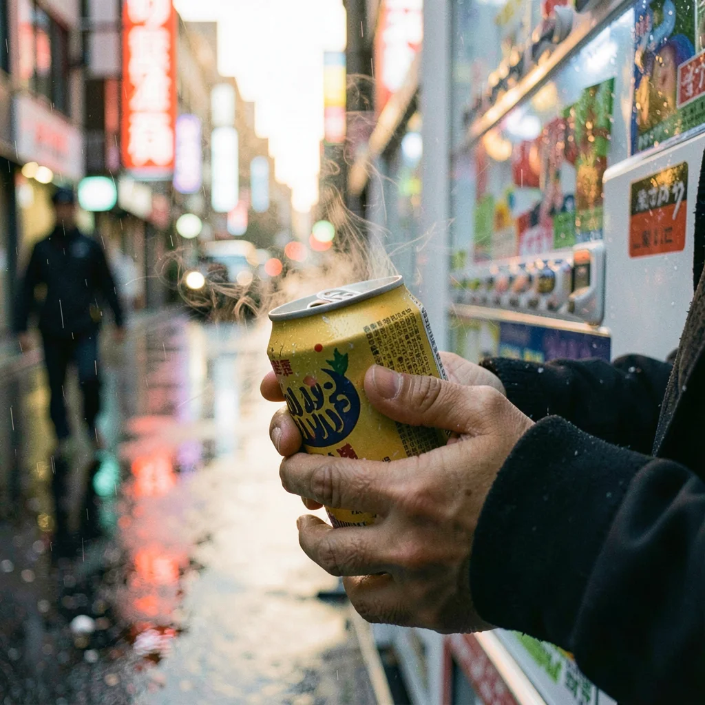 Close-up of hands cupped around a vending-machine coffee can in cold air, breath