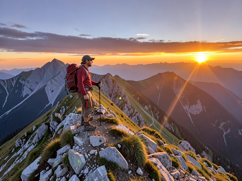Hiker on mountain ridge at sunset