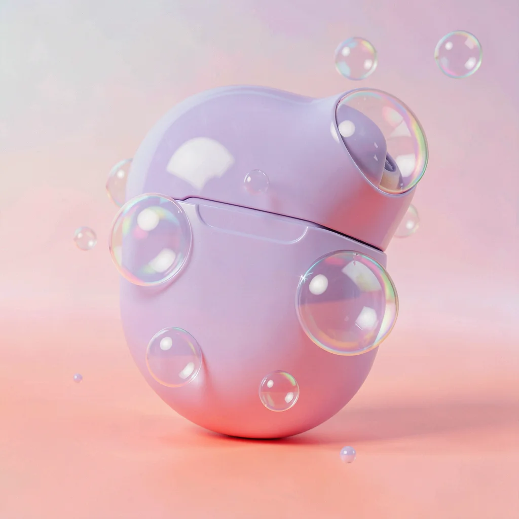 Bubble-shaped wireless earbud case in candy lavender on a coral-pink gradient, p