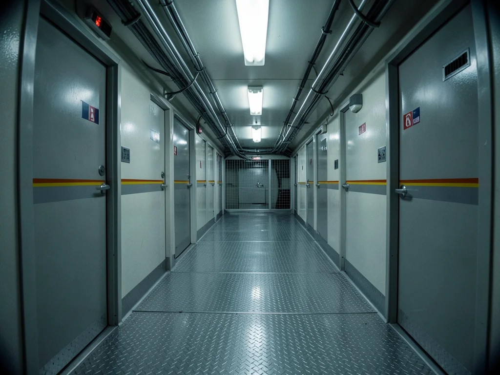 The back-of-house corridor in a cruise ship, narrow with exposed cable runs alon