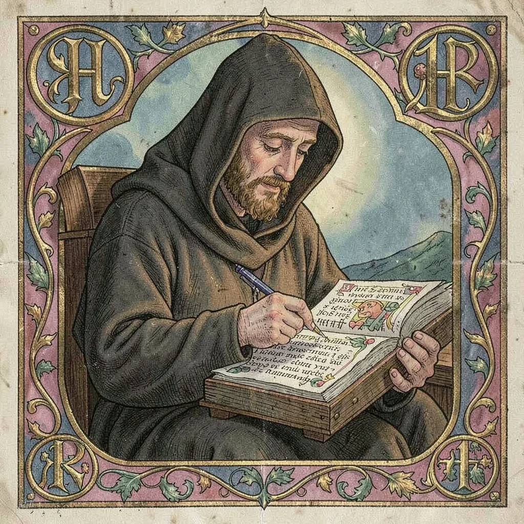 A hooded monk copying manuscripts