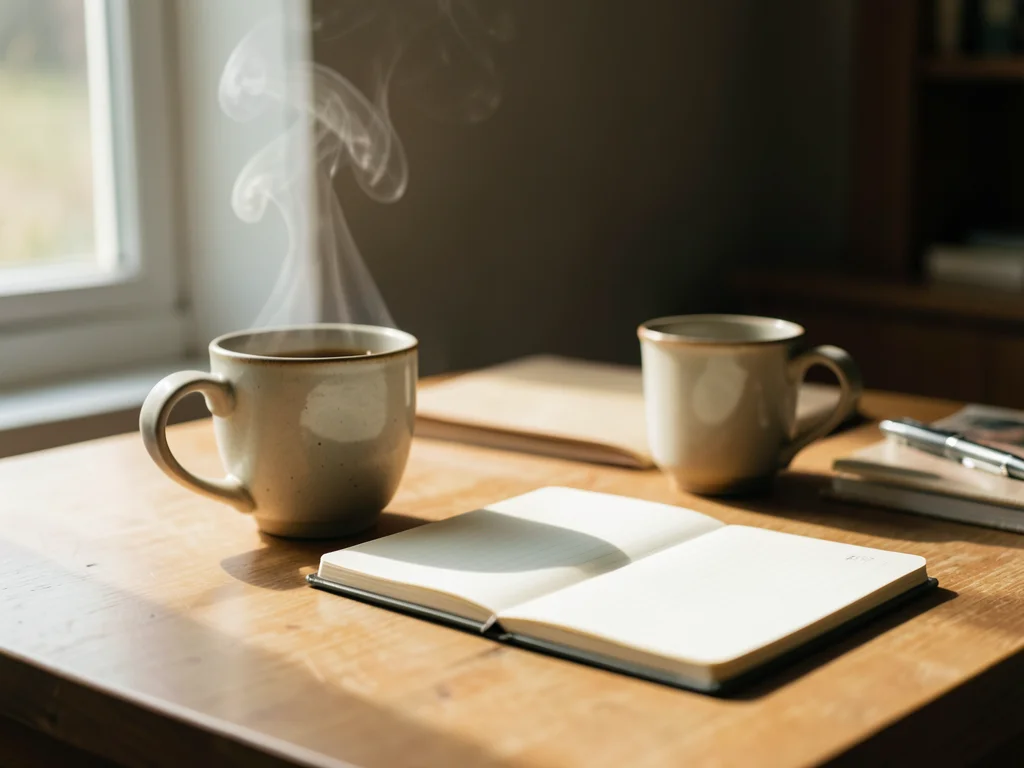 A morning desk: fresh coffee steam rising, an unopened notebook, a pen ready, th