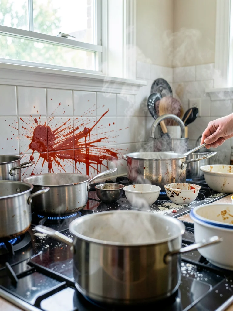 Tomato sauce splattered across white tile backsplash