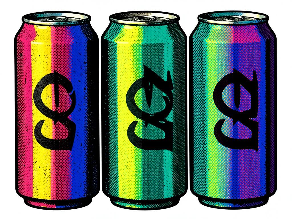 Six-pack of cola cans in vivid primary colors, mechanical dot pattern fills