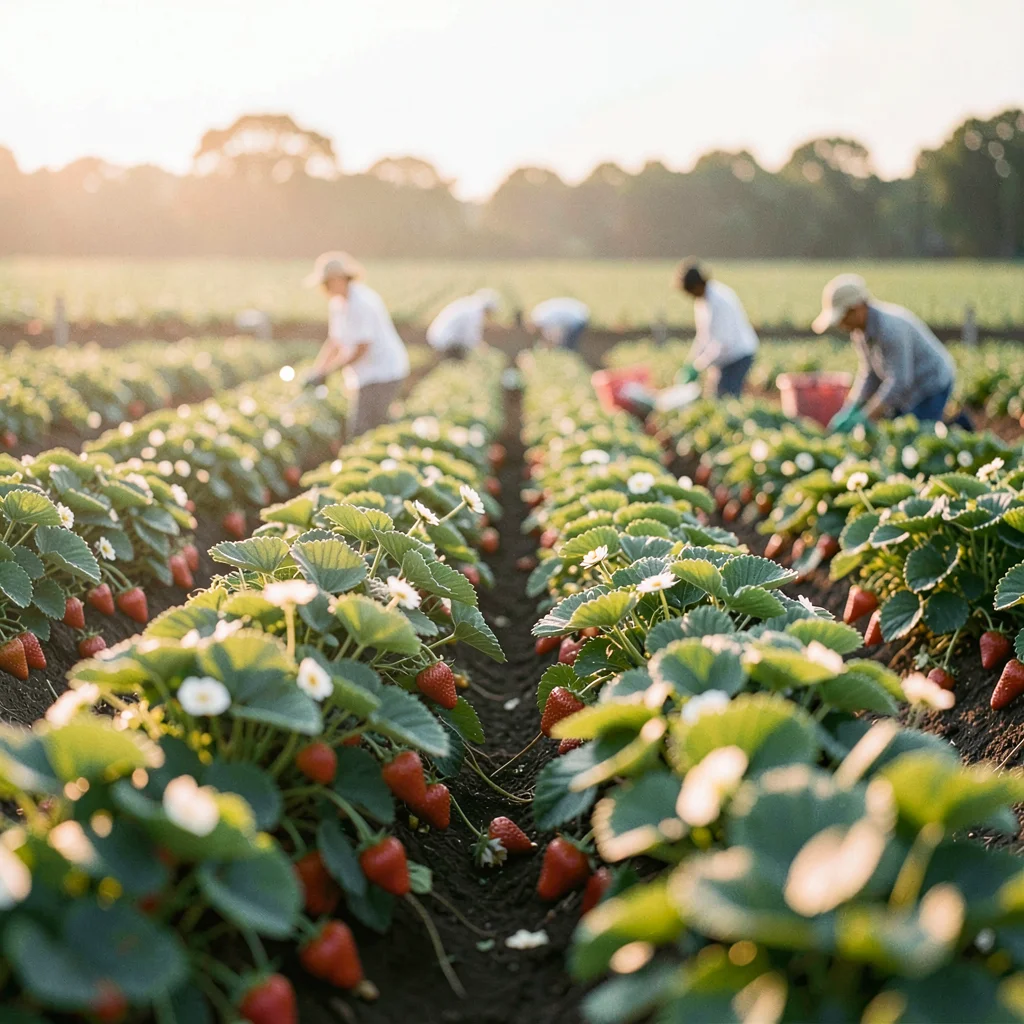 Wide field of strawberry rows at golden hour with workers in soft focus
