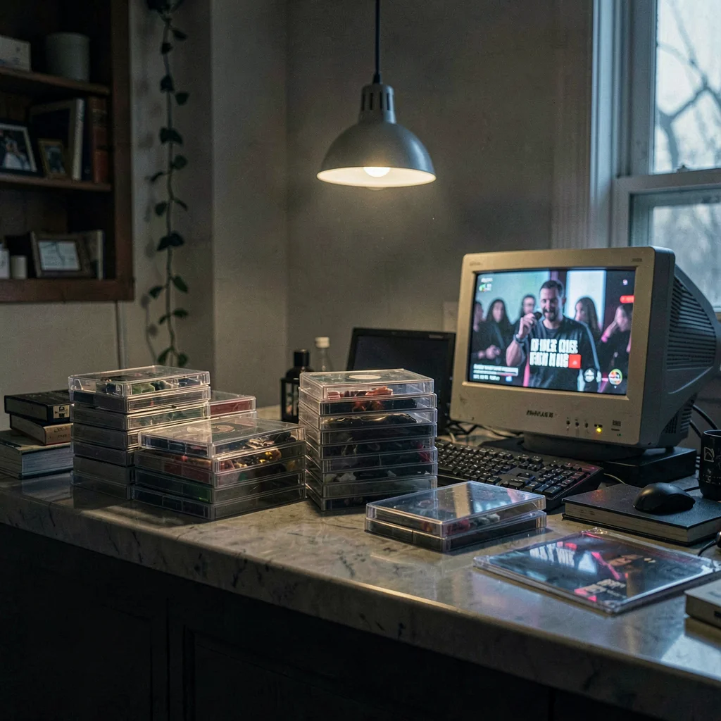 Cluttered counter with stacked jewel cases, a single pendant lamp and a small TV