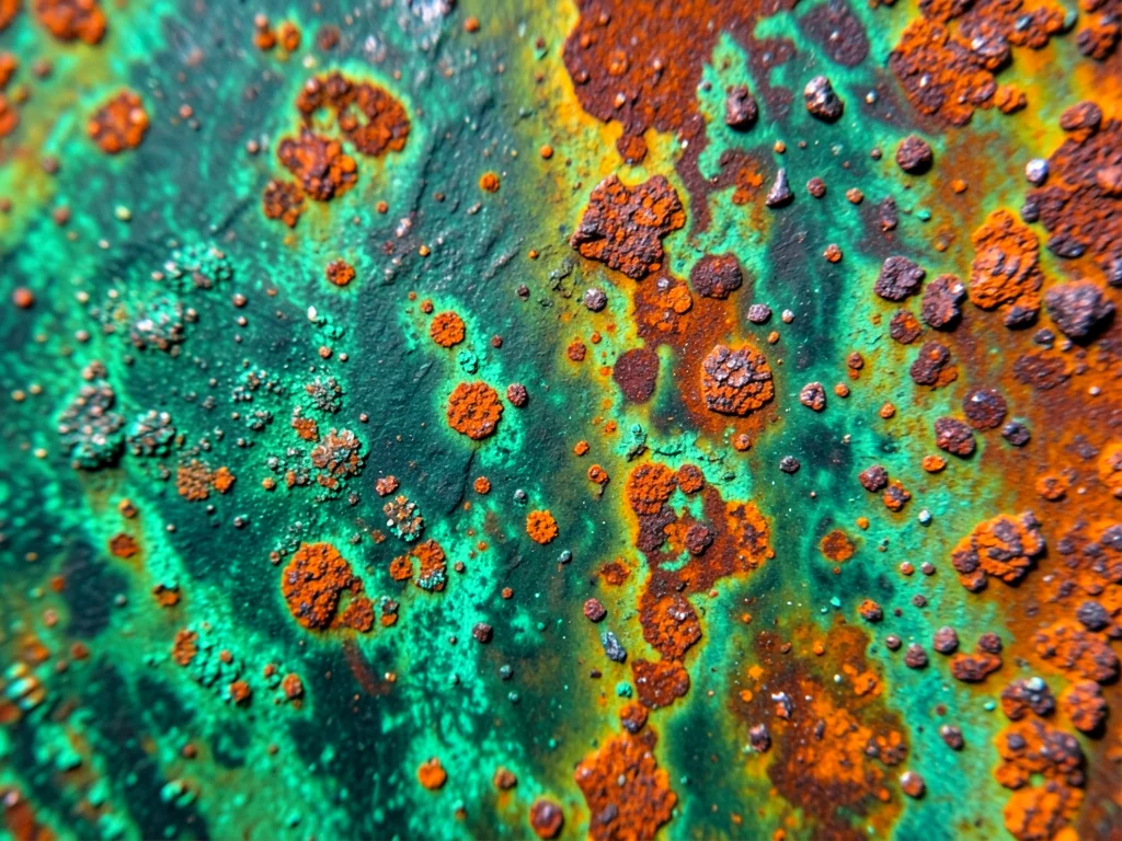 Copper sheet showing stages of oxidation from bright penny to deep verdigris, sp
