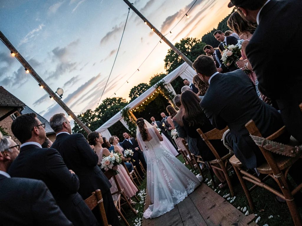 Wedding ceremony from behind last row, the aisle a vertiginous drop