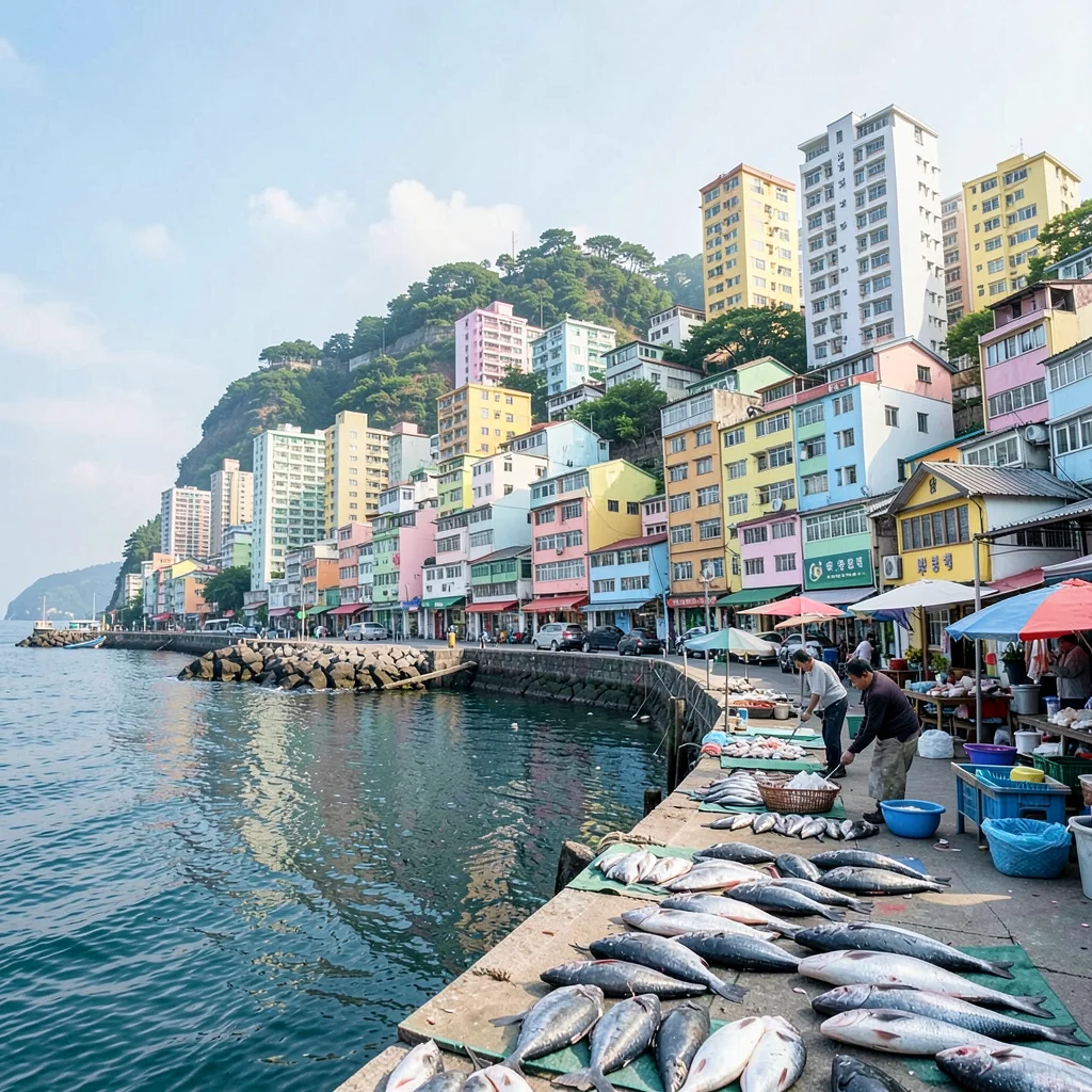 Busan vertical density, hillside village stacking, fresh catch being sorted on d