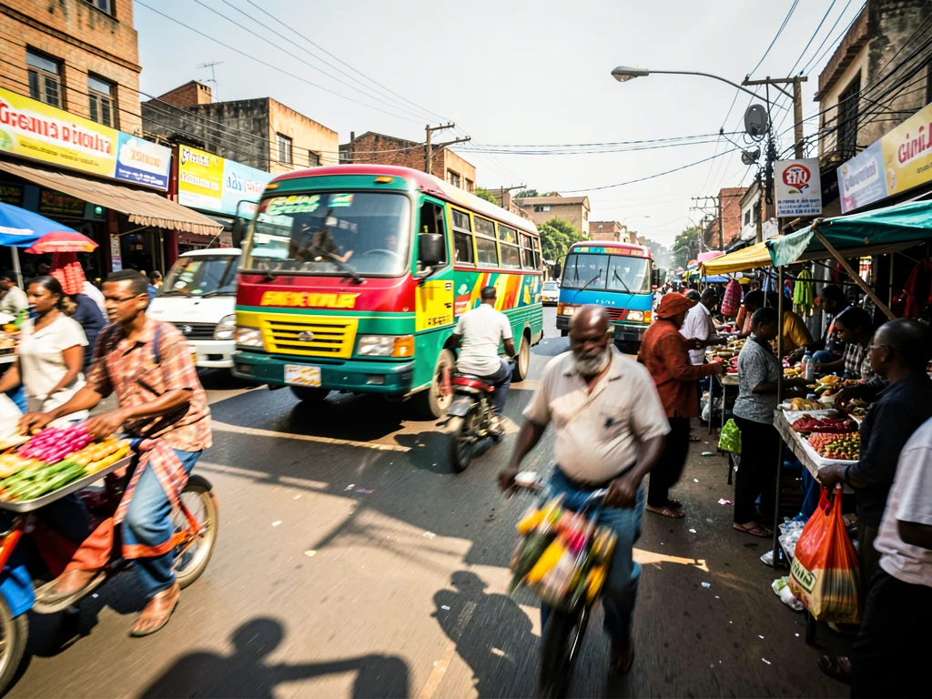 Kinetic Nairobi street energy, panned motion blur with sharp details, Market ven