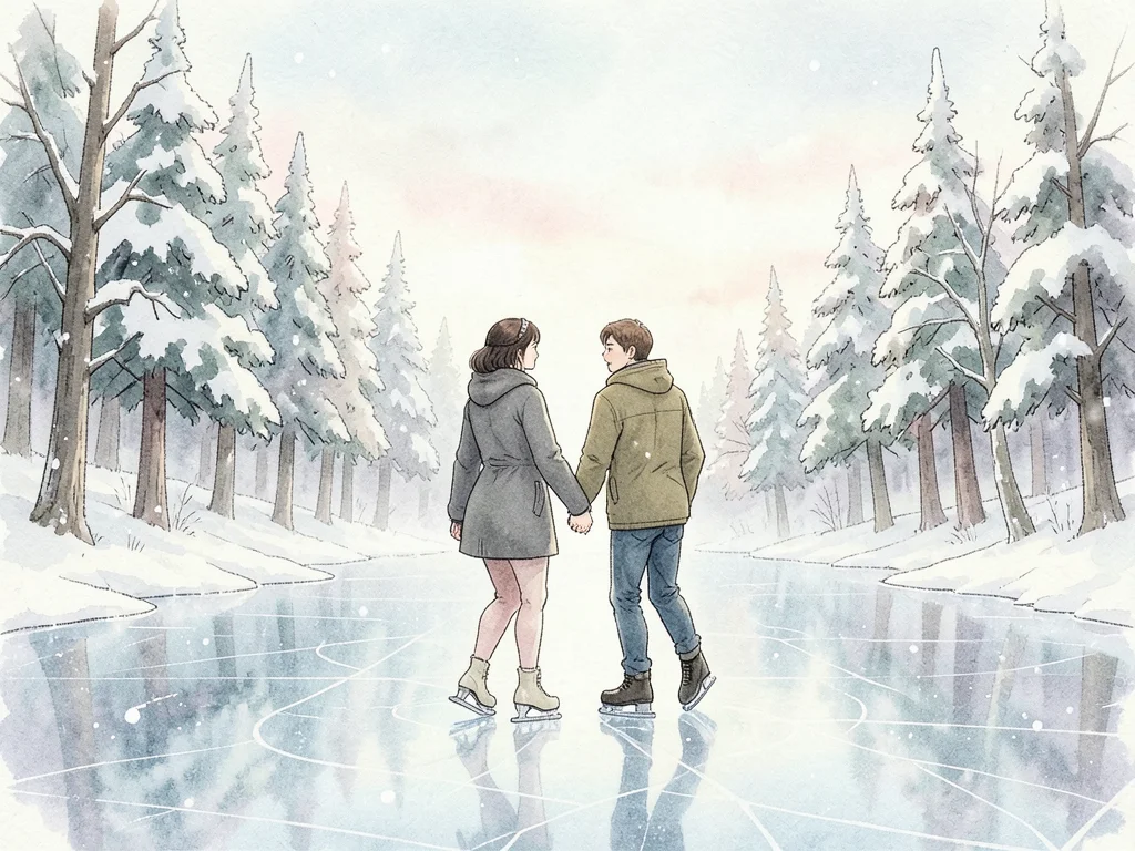 Ice skating on a frozen pond surrounded by snow-covered pines, couple holding ha