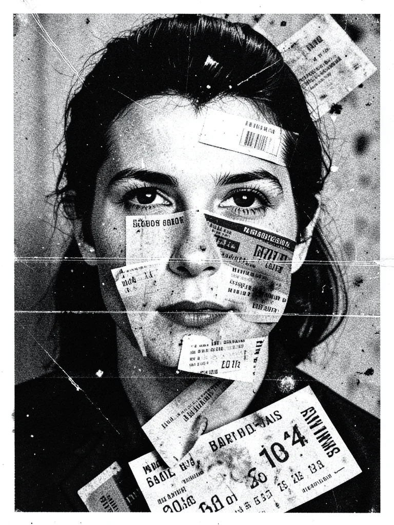 A portrait built from layered photocopies of receipts, tickets, and boarding pas