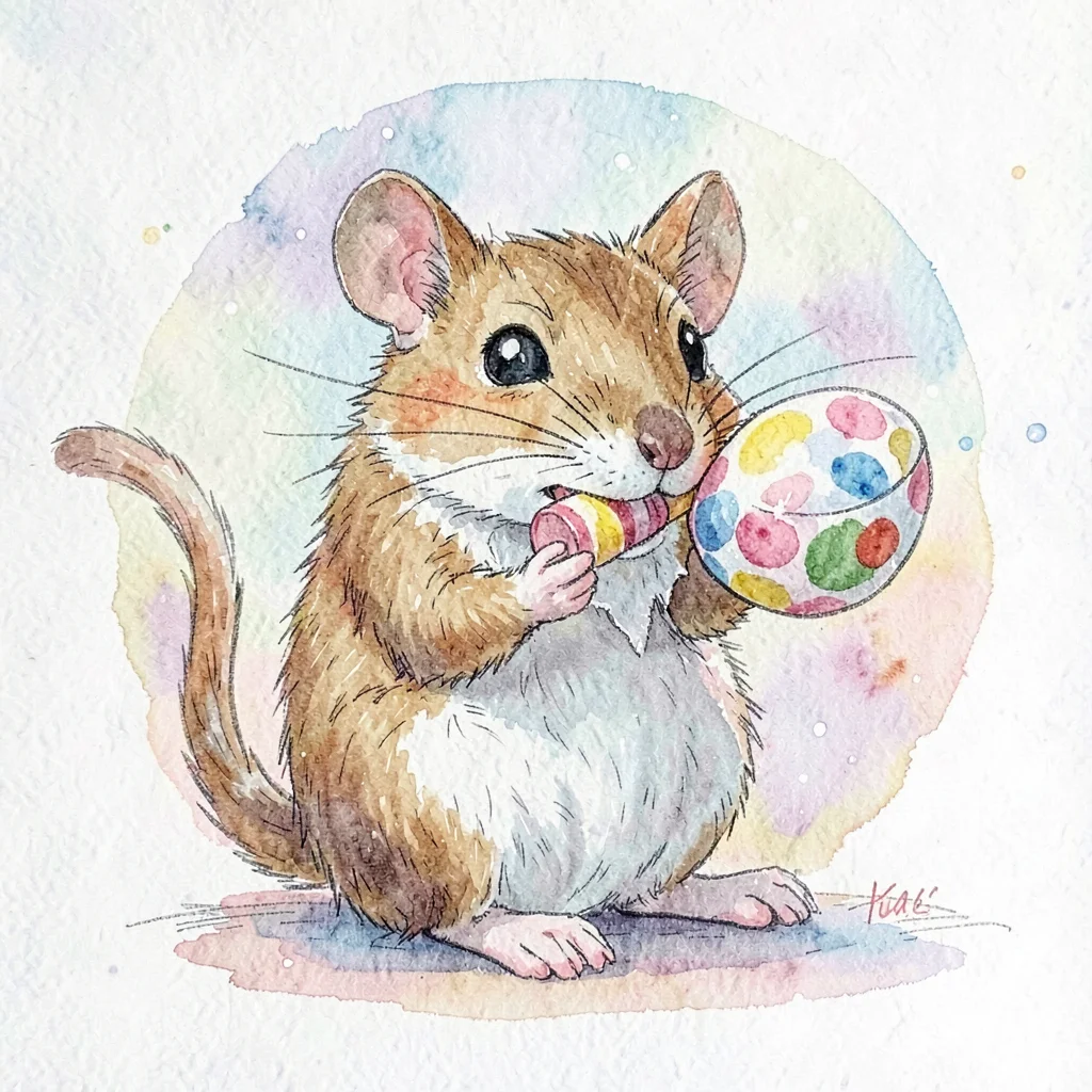 A friendly mouse blowing torn-paper bubble-gum with crayon polka-dot pop