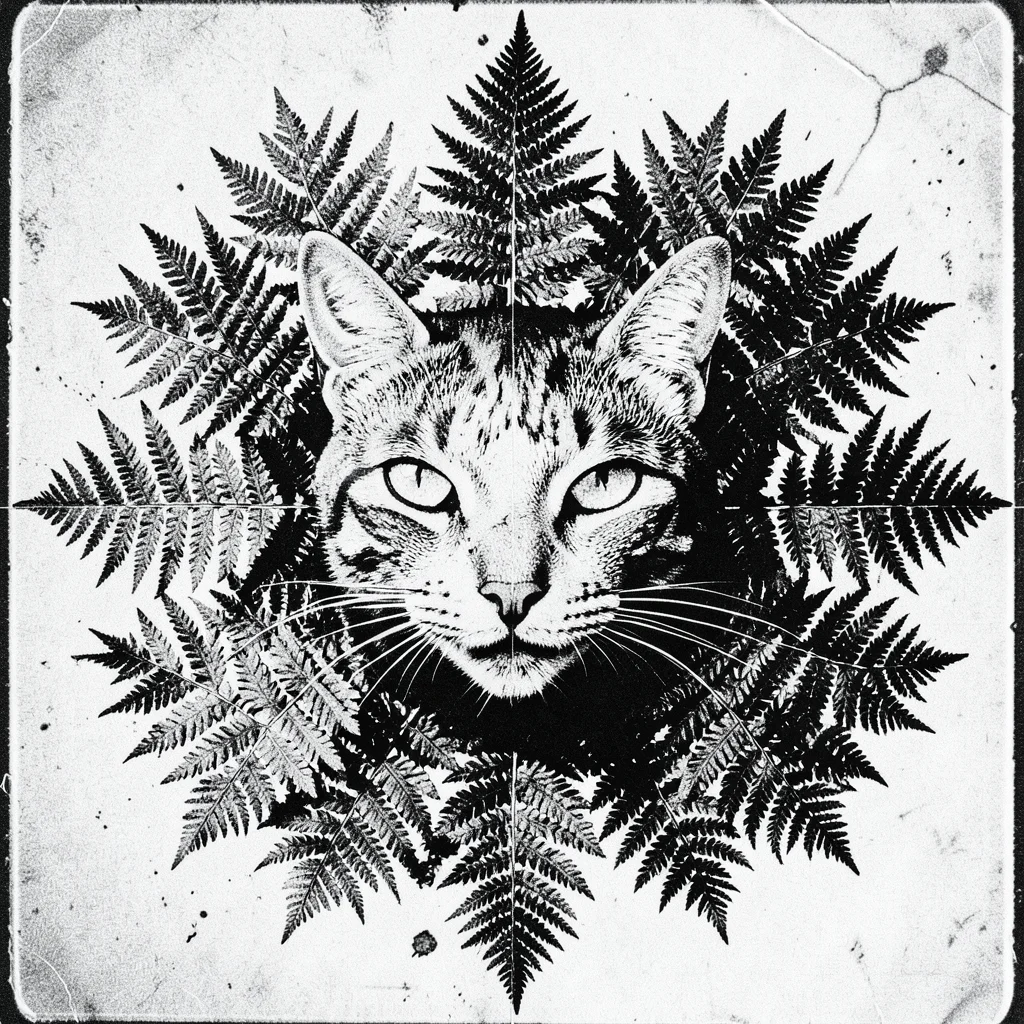 A cat skull centered on the page surrounded by photocopied fern leaves arranged 
