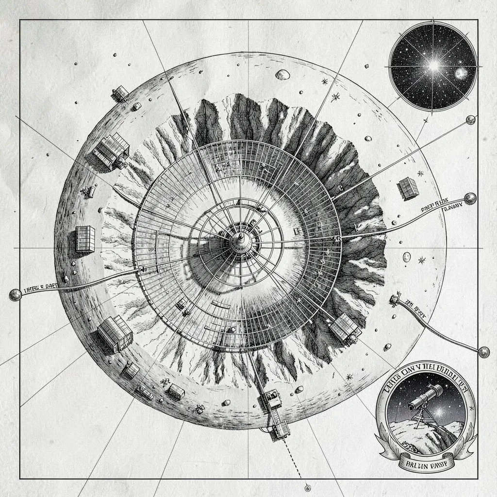 A lunar far-side observatory map with a vast radio-dish array nestled in a crate