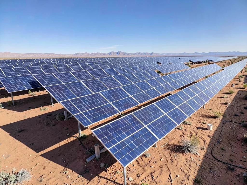 A solar farm in the Mojave, thousands of panels tilted at identical angles