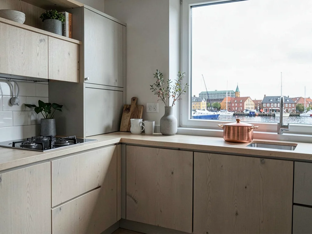 Comfortable grey harbor light in Gothenburg, Sweden, a Scandinavian kitchen with
