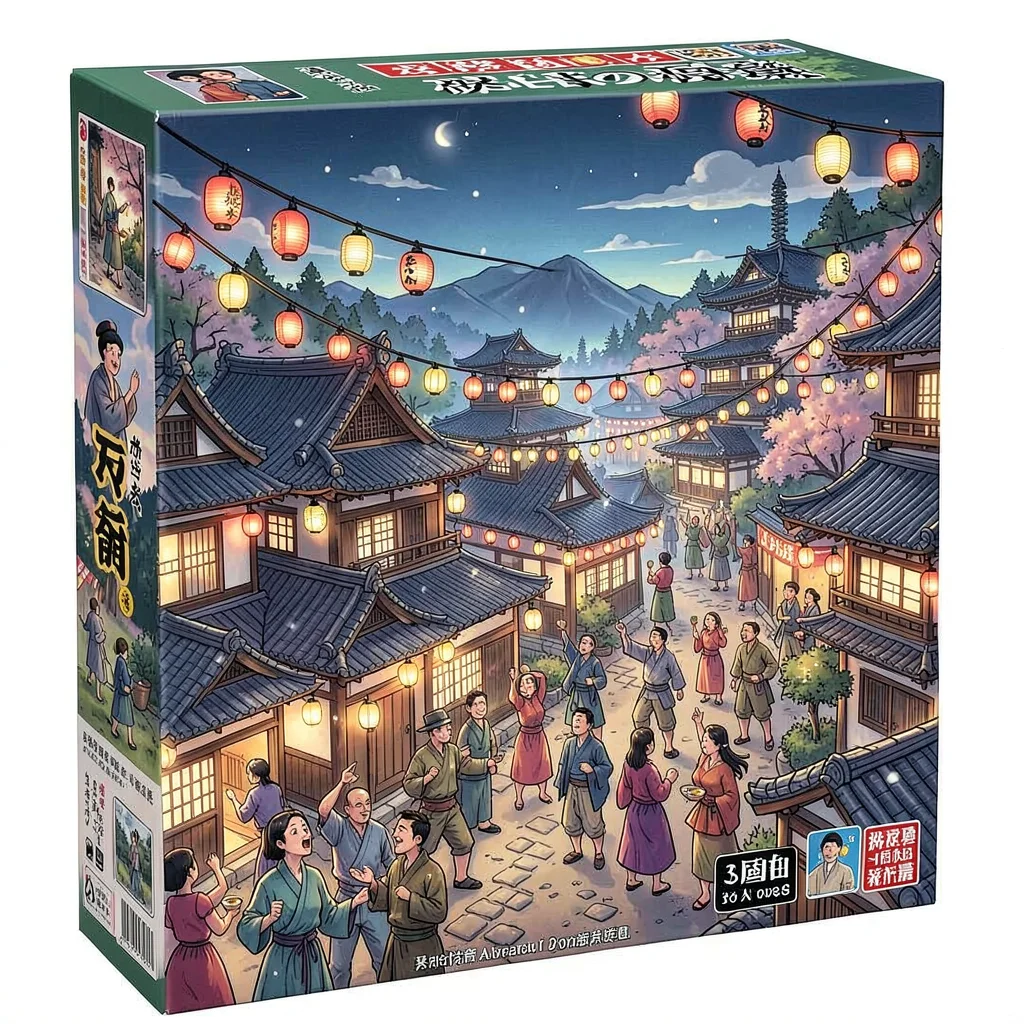 Board game box illustration, a bustling Japanese castle town during festival, la