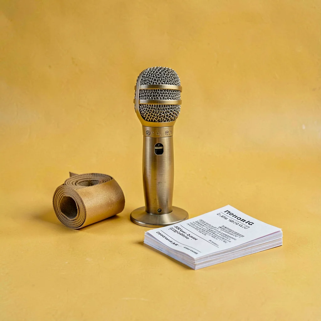 Catalog still-life on saturated mustard backdrop of a brass microphone, a rolled