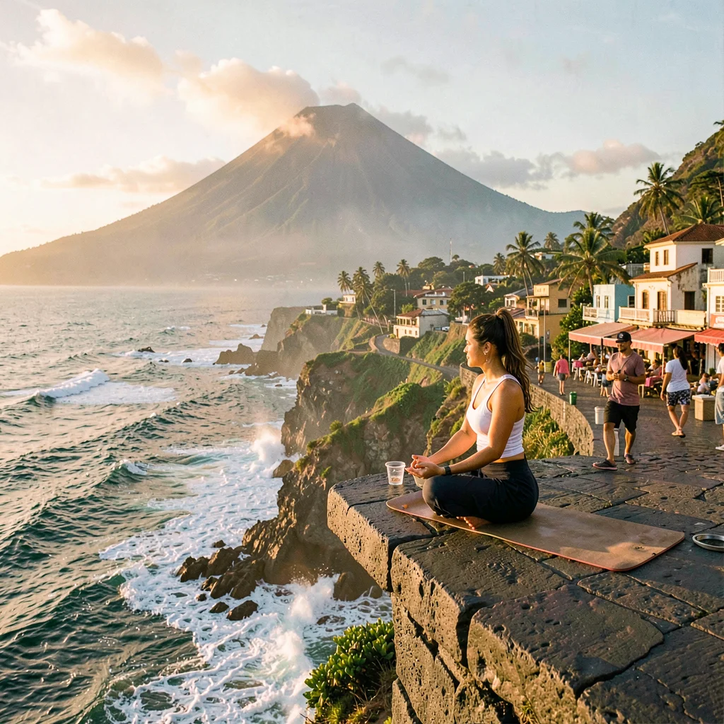 Pupusería golden hour in El Salvador, Morning yoga on a cliff overlooking the su