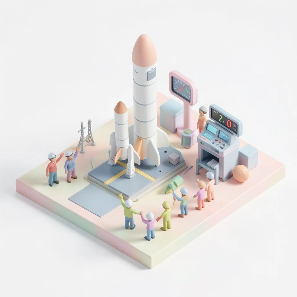 A miniature space launch facility: rocket on pad, mission control, countdown clo