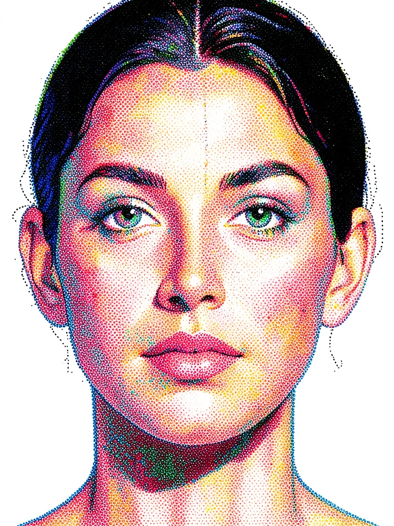 Close-up of a woman's face, all tone and color expressed through dense dot varia